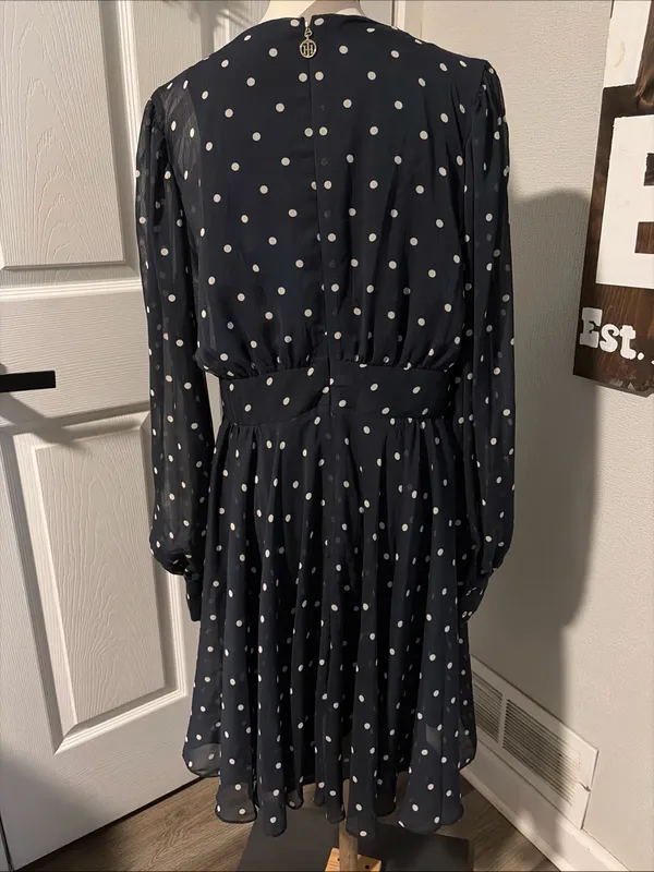 Tommy Hilfiger Women's Navy Polka Dot Long-Sleeve chiffon midi Dress size 14 - Image 5