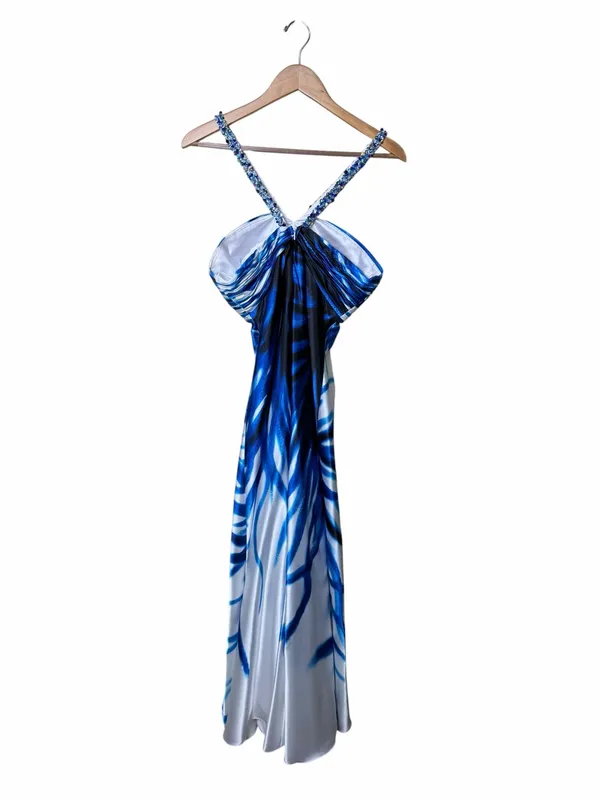 Cache Y2K Rhinestone Halter Blue Abstract Maxi Homecoming/ Prom Dress Size 10 - Image 5