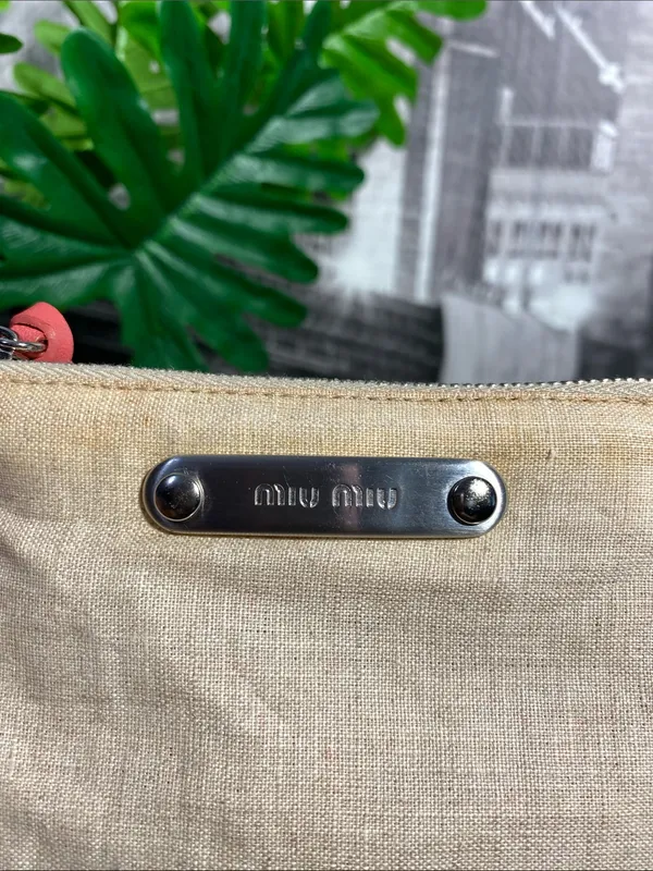 Authentic Miu Miu Beige Linen Pouch with Coral Trim - Image 9