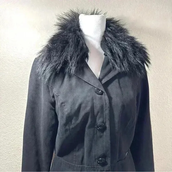 Vintage GUESS Faux Fur Mid Length Trench Coat RARE Jacket in Black Sz. Small - Image 6