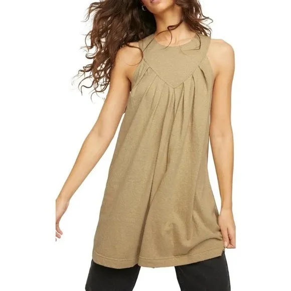 Free People Mini Dress‎ Womens Salt Marsh M Tan Pleated Cotton OB1164929 - Image 3