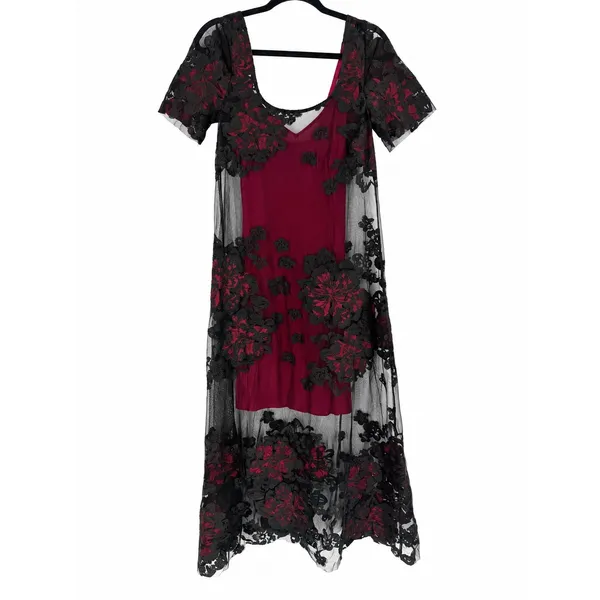 Tracy Reese Mesh Floral Midi Dress S Black Burgundy Gothic Whimsigoth Dark Moody - Image 2