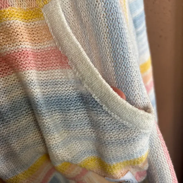Buc-ees Pastel Striped Knit Baja Hoodie Sweater Womens Large Multicolor Logo - Image 7