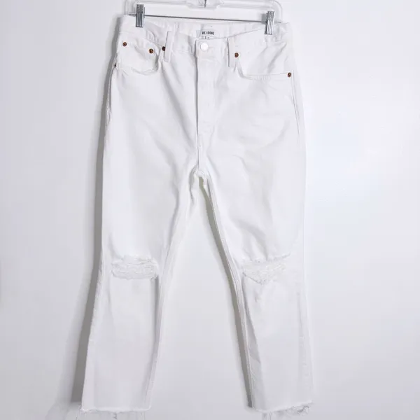 Re/Done 70s Stove Pipe Jean White Ripped Knees Raw Hem Size‎ 29 Rigid Button Fly - Image 2