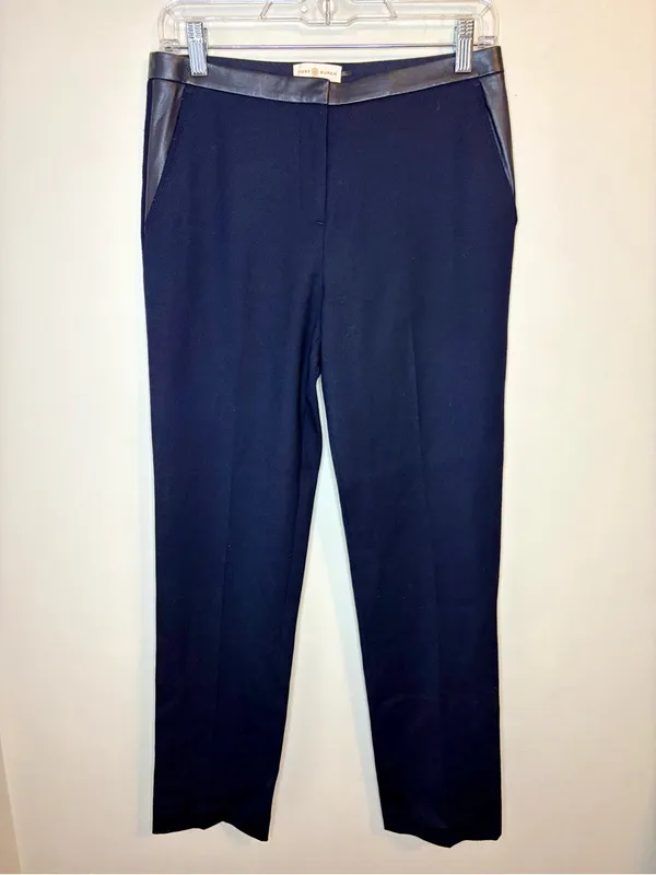 Tory Burch Christy Navy Wool Leather Trim Ankle Pants Size 2 - Image 2
