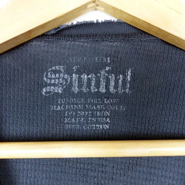 VTG Sinful Affliction Thermal Waffle Top Women M Black Destroyed Bird Tattoo Y2K - Image 8