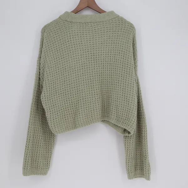 Love Tree Sage Green Waffle Knit Cropped Sweater Womens Small Relaxed Fit - Image 4