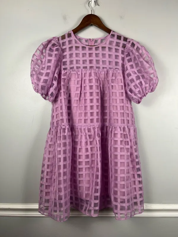 English factory Gridded Puff Sleeve Dress in lilac size small - Image 3