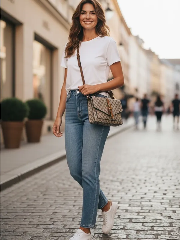 Source Unknown Beige Brown Monogram Shoulder Bag with Gold Buckle with a matching wallet. - Image 2