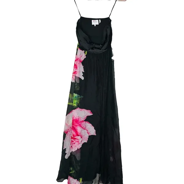 ONE33 SOCIAL Black Pink Floral Roses Chiffon Strapless Maxi Gown size 0 - Image 4
