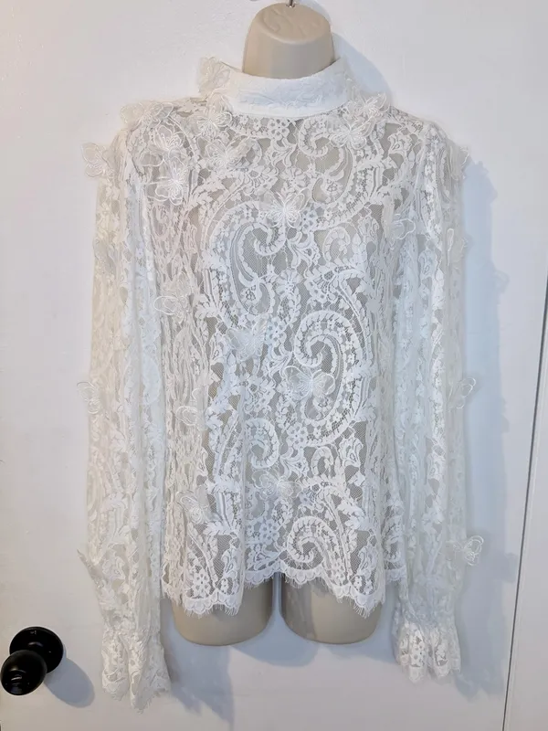 INA White Lace High Neck Blouse 3D Butterflies Size L Back Zipper - Image 2