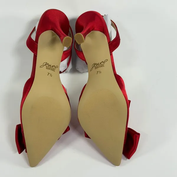 Jewel Badgley Size-7.5 Womens Mischka Francine Red Satin Bow Ankle Strap Pumps - Image 5