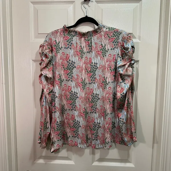 LOFT Garden Cinched Sleeve Ruffle Tie Neck Women’s XL Top Tan - Image 4