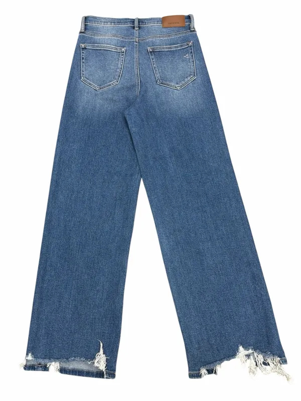 Hidden Wide Leg Distressed Hem Blue Jeans - Image 2