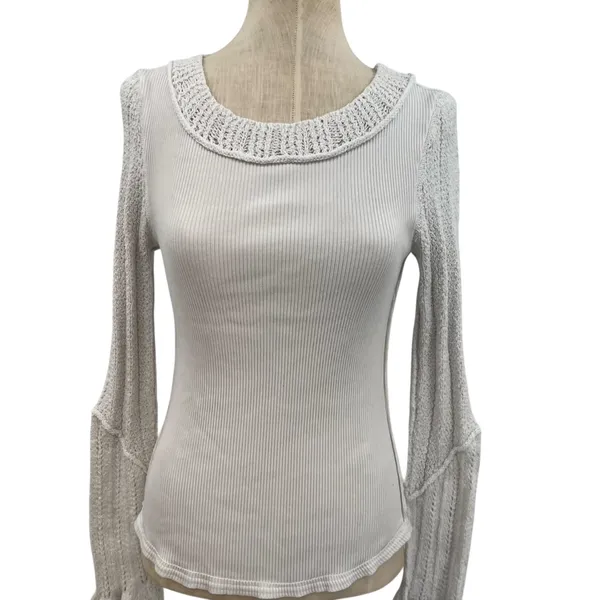 Free People Cuffing Season Top‎ Round-Neck Long-Sleeve Top White Size Medium - Image 5