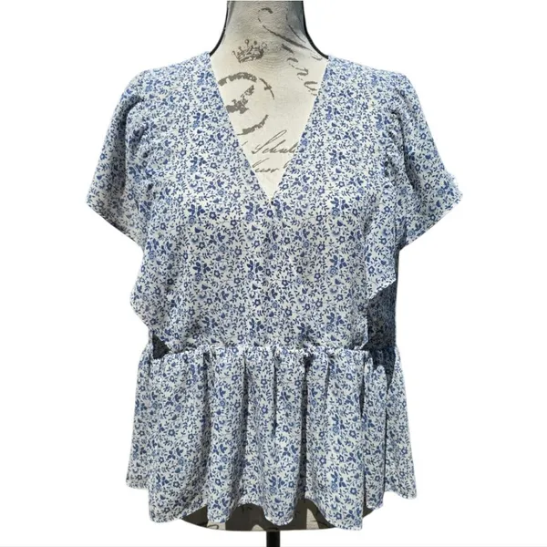 Madewell‎ -639 Georgette Ruffle-Sleeve Peplum Top in Americana Floral Medium - Image 2
