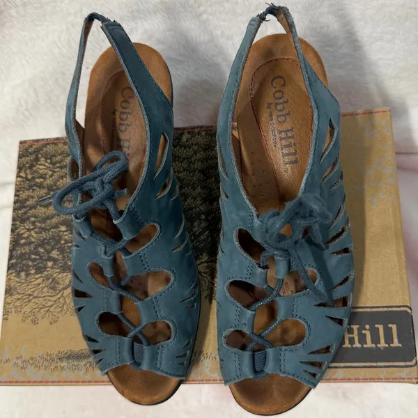 Cobb Hill 7M Sasha Lace Up Cutout Heel Dusty Blue Boho Comfort‎ Leather Sexy - Image 4