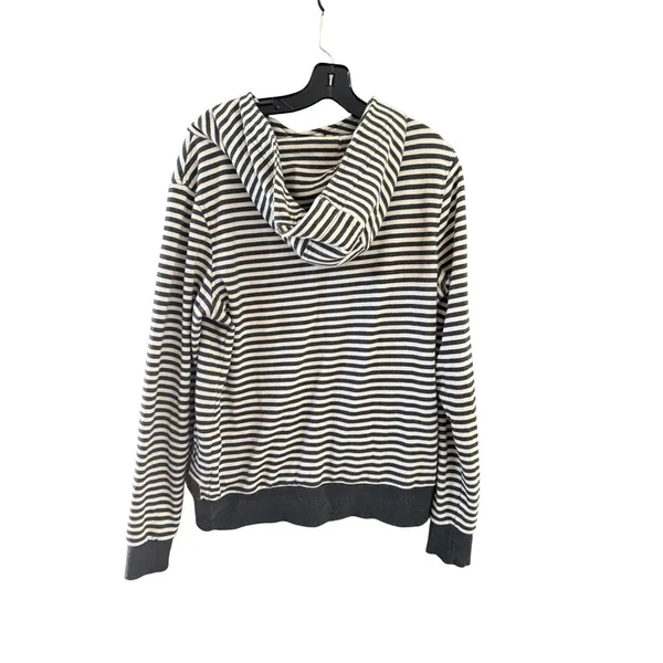 BKE Womens Striped Asymmetrical Button Neck Hoodie Sweatshirt Grey‎ White Large - Image 3