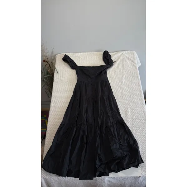 Staud Black Cotton Tiered Midi Dress Square Neck Off Shoulder Button Front 6 - Image 3