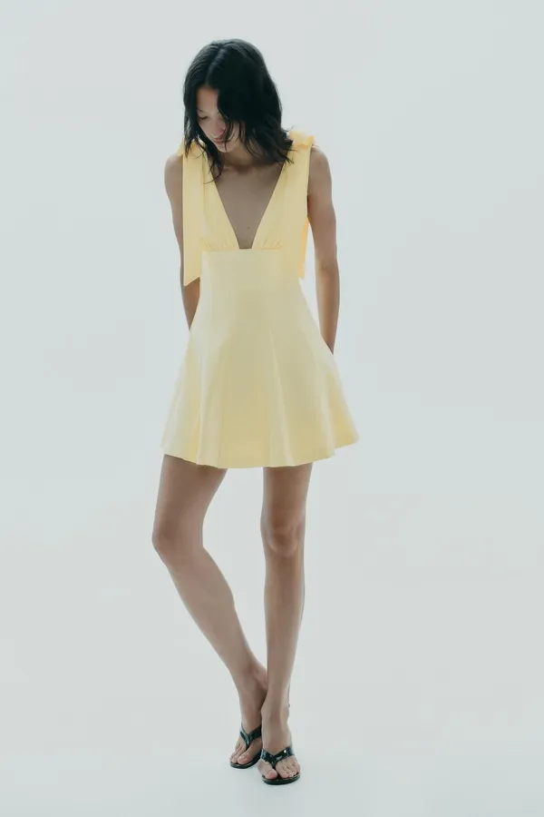 Zara Yellow V-Neck Tie-Shoulder Fit & Flare Dress - Image 8