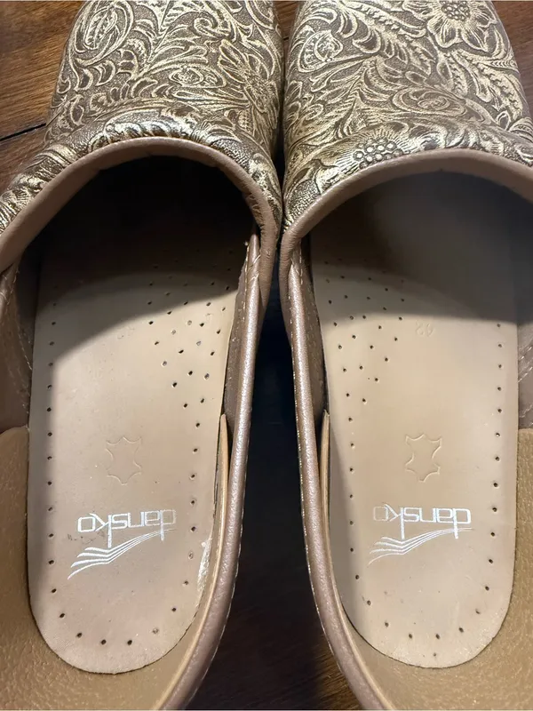 Dansko Metallic Gold Floral Embossed Clogs - Image 8