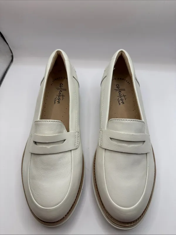 NWOB Clarks Collection Sharon Ranch White Leather Loafers Wedge Shoes Size 5 - Image 3