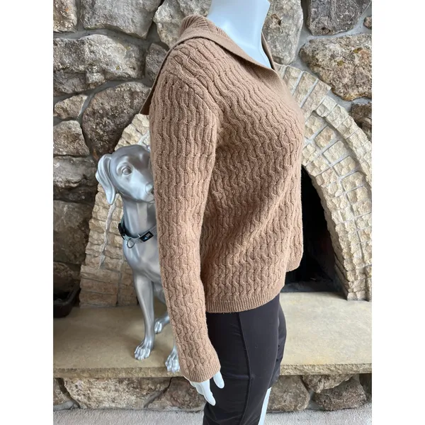 Theory V-Neck Dimensional Polo Wool Cashmere Brown Sweater Women's Size Small - Image 3