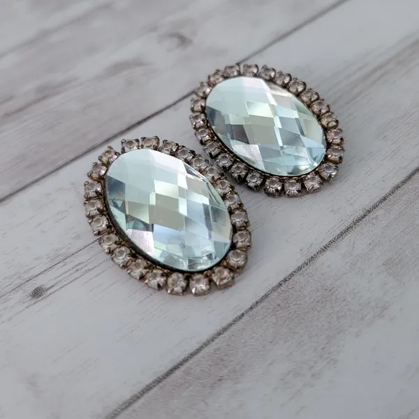 Vintage Clip On Earrings Extra Large Clear Gem Oval with Halo 1 & 5/8" - Image 3