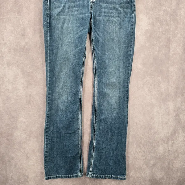 Blue Embroidered Stud Rhinestone Straight Leg Stitch Denim‎ Pants Jeans 10 - Image 4