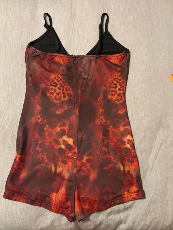 Shein Red Cheetah Animal Print Romper Small, Beaded Front Cutout Small, Festival - Image 9