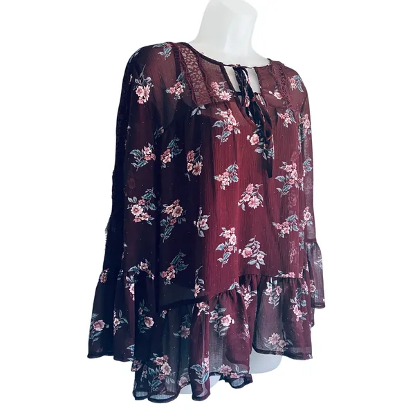 American Eagle Floral Boho Peasant Blouse XL Burgundy Bell Sleeve Lace Tie Neck - Image 2