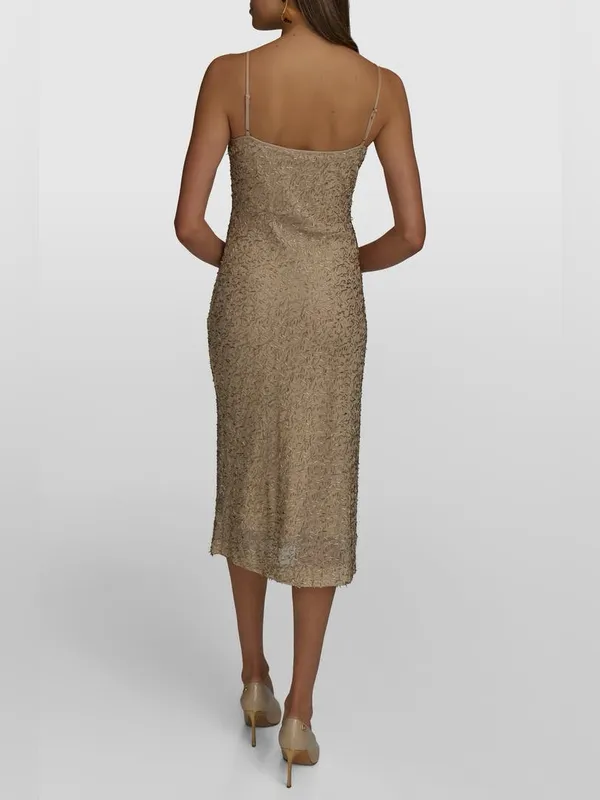 Donna Karan New York Bugle Beaded Slip Dress in Champagne Gold, Size M, NWT - Image 4