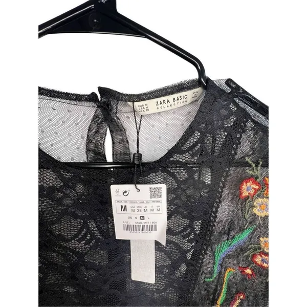 NWT ZARA Floral Embroidered Lace Sheer Short Sleeve Blouse - Image 3