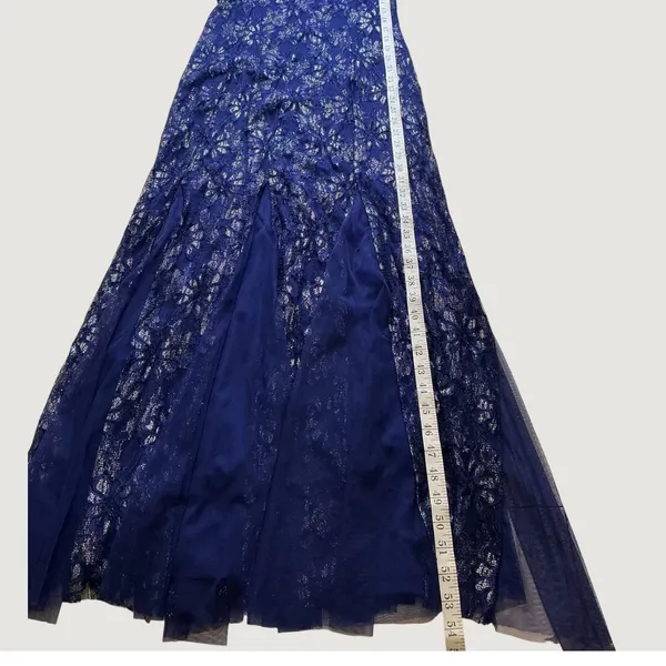 Candalete Royal Blue Silver Metallic Floral Lace Cap Sleeve Gown Maxi Dress S - Image 5
