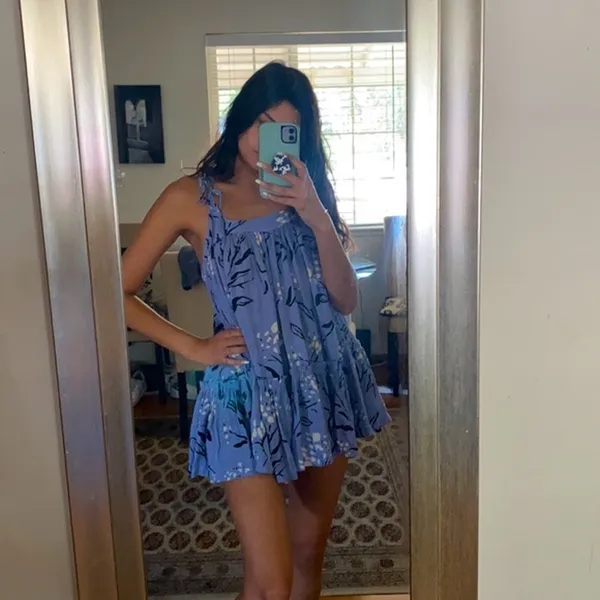Free People Blue Floral Babydoll Mini Dress Tunic Size XS Tie Strap Boho Cottage - Image 3
