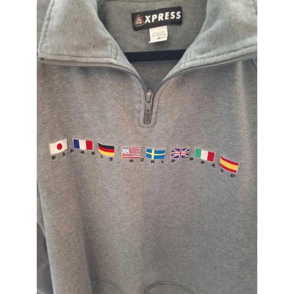 Vintage Express World Brand Quarter Zip Pullover Sweatshirt Gray Flags Size M - Image 6