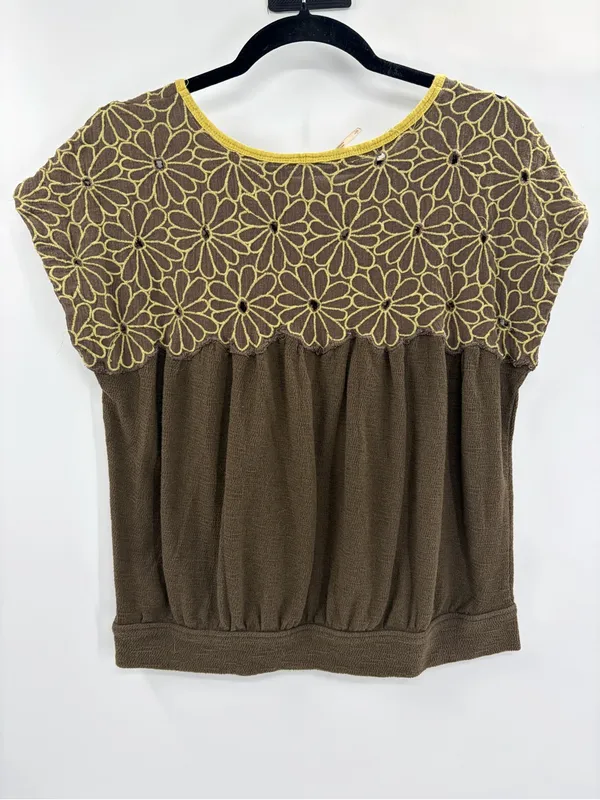 Free People Floral Embroidered Crochet Top Boho Cottagecore Babydoll Tee large - Image 7