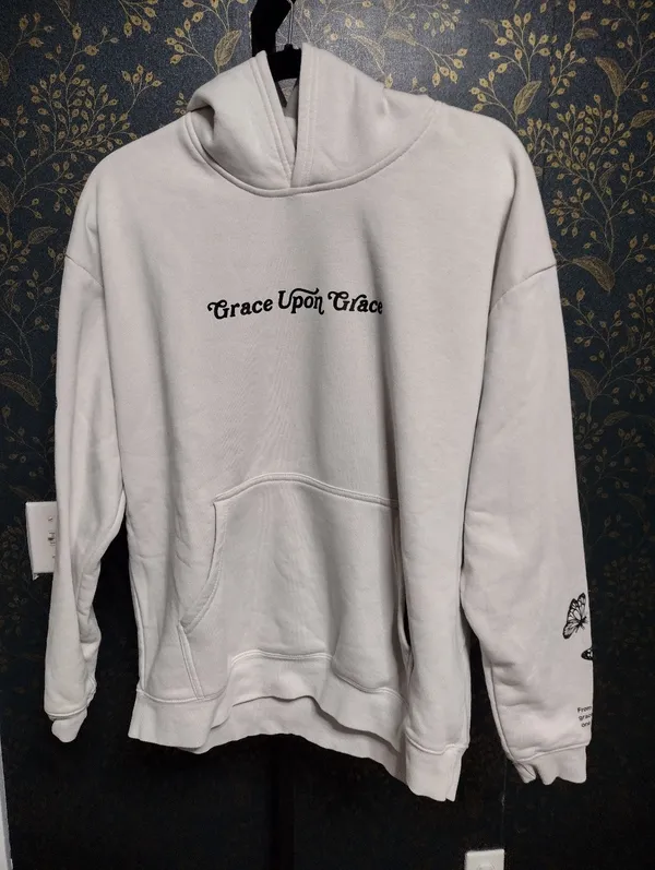 Grace Upon Grace Gray Hoodie with Neon Green Checker & Butterfly Graphic - Image 2