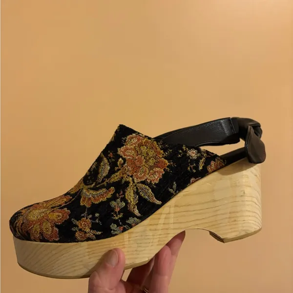 Anthropologie Floral Tapestry Wood Platform Clogs - Image 11