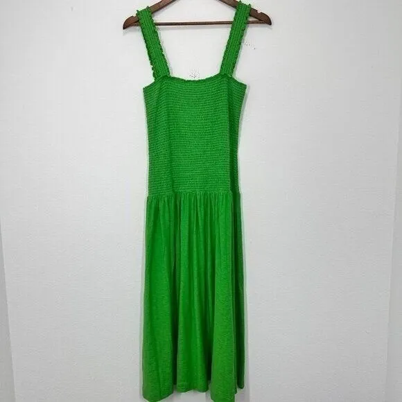 Nation LTD Bright Green Gabby Smocked‎ Midi 100% Pima Cotton Casual Tank Dress L - Image 5