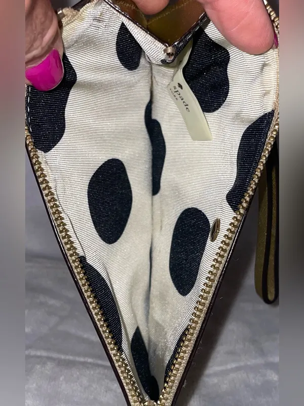 Kate Spade Gold Saffiano Leather Wristlet Clutch Wallet Pouch Polka Dot Lining - Image 5
