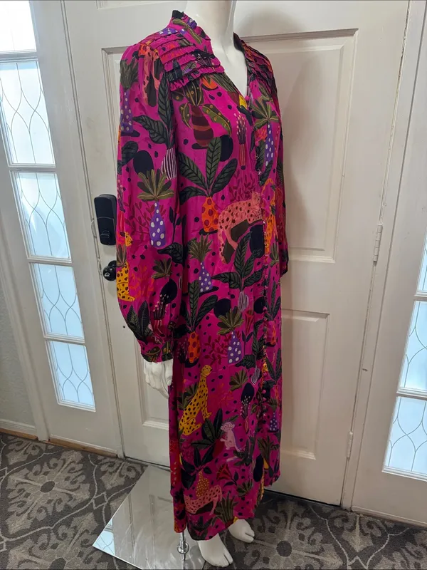 Farm Rio Jungle Print Maxi Dress Womens Pink Leopard Monkey Long Sleeve Sz S - Image 10