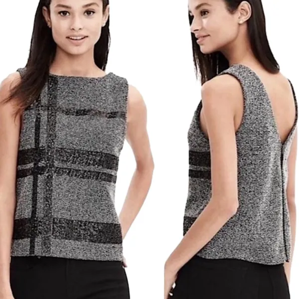 Banana Republic Shell Top Herringbone Grey Zipper Back Sequin Women's Size 2 - Image 2