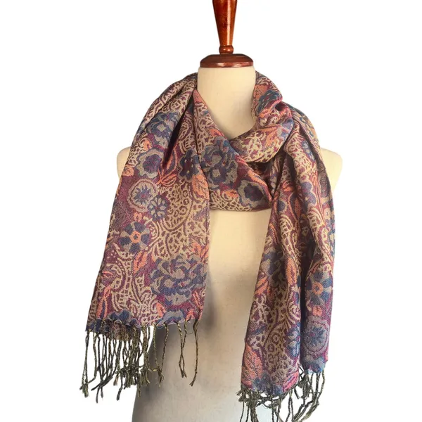 Burgundy Blue Paisley Floral Woven Scarf Shawl Fringe Wrap Boho - Image 3
