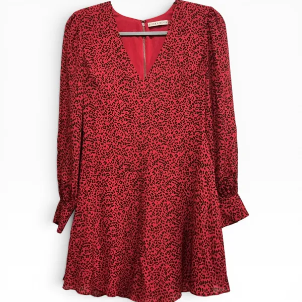 Alice + Olivia‎ Polly Red Leopard Print V-Neck Mini Dress Long Sleeve Size 4 - Image 3