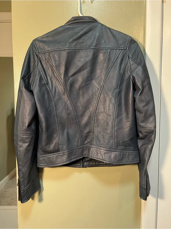 Vera Pelle Women's Size 46 Vegan Leather Jacket Dark Blue Gray Moto Full Zip - Image 6