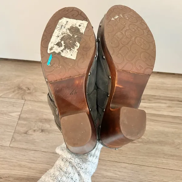 UGG Australia Dark Gray Fleece Kaylee Wooden Platform Clogs Size 9 - Image 8