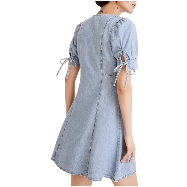 Madewell Tencel Denim Button-Front Tie-Sleeve‎ Mini Dress Brannon Blue 2 - Image 2