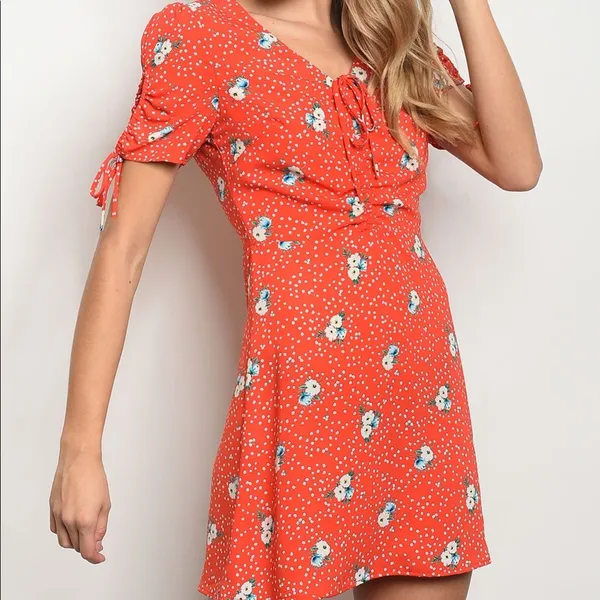 Red Floral Mini Dress Ruched Tie Front Lined Back Zip - Image 2