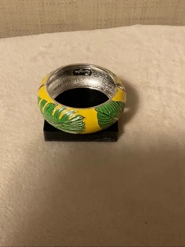 Tropical Yellow and Green Leaf Enamel Bangle Bracelet - Image 3